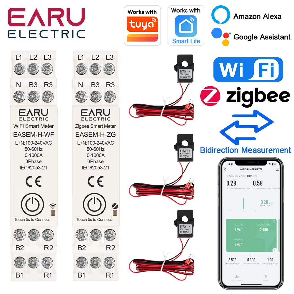 Energy Meter Bidirectional - มิเตอร์วัดพลังงานแสงอาทิตย์ EARU แบบสามเฟสเดี่ยว Tuya WiFi ZigBee