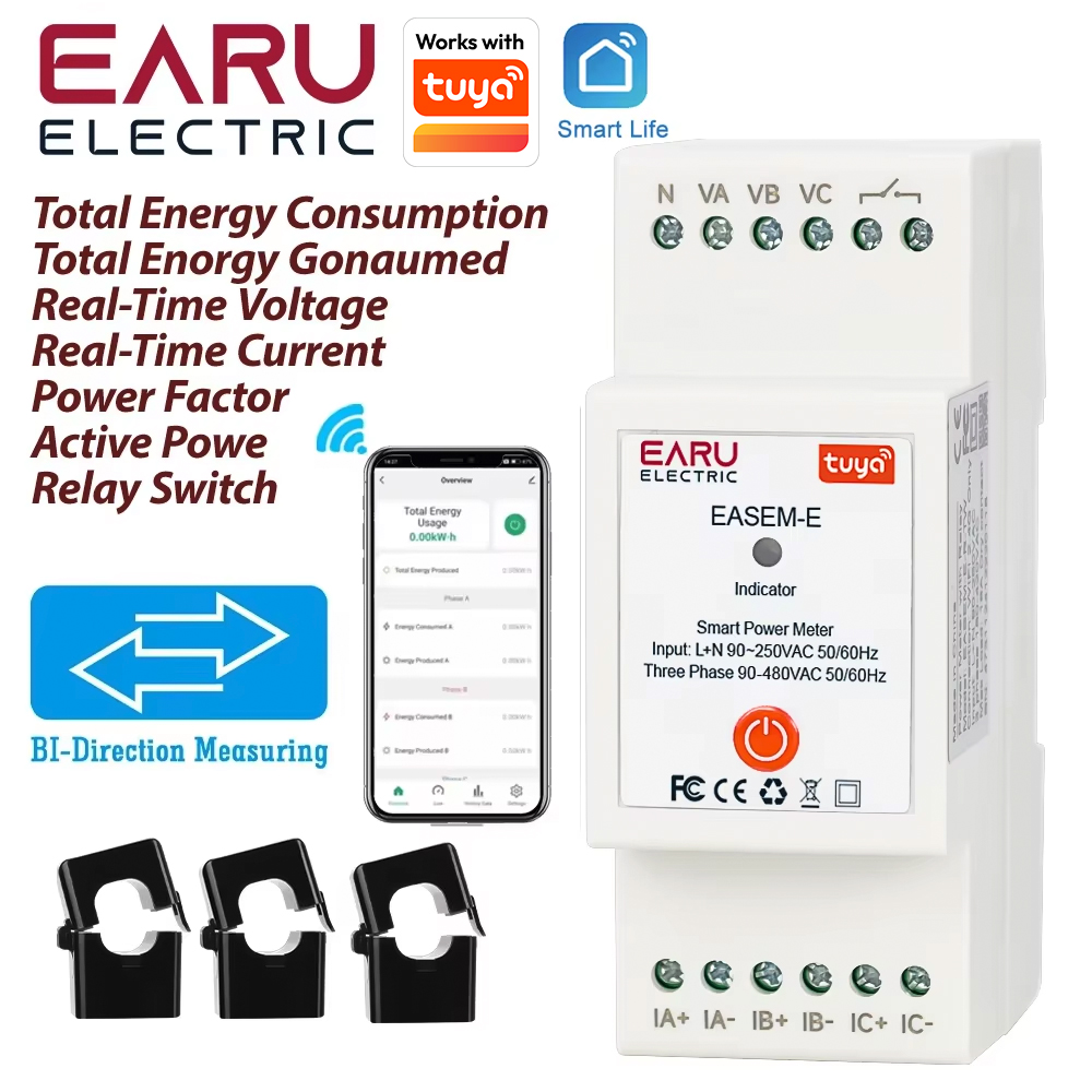 Energy Meter Bidirectional - มิเตอร์วัดพลังงานแสงอาทิตย์ EARU แบบสามเฟสเดี่ยว Tuya WiFi ZigBee